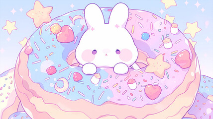 Obraz na płótnie Canvas hand drawn cartoon illustration of cute rabbit eating dessert cake 