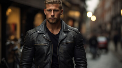 Muscular man in leather jacket against street - obrazy, fototapety, plakaty