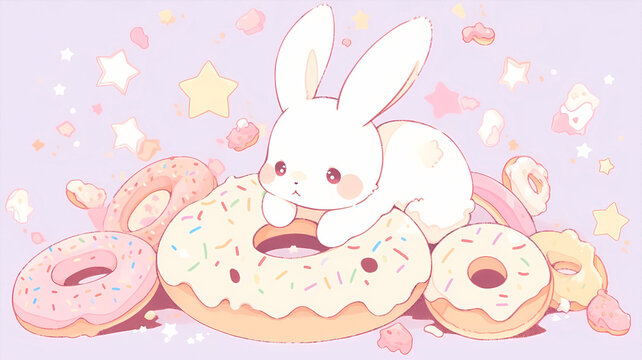 hand drawn cartoon illustration of cute rabbit eating dessert cake
