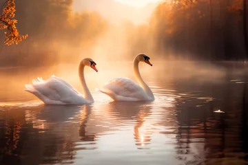 Raamstickers Two beautiful white swans swim on a mountain lake on a foggy morning at dawn. © Maria Moroz
