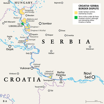 Croatia-Serbia border dispute, political map. Yellow marked Danube area under Serbian control, but claimed by Croatia. Two areas of no mans land are claimed by the micronations Liberland and Verdis.
