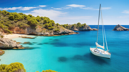 Fototapeta na wymiar Beautiful beach with sailing boat yacht, Menorca island, Spain. Sailing boats in a bay. Summer fun, enjoying life, yachting, travel and active lifestyle concept, Generative AI