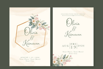 elegant watercolor flower and leaves on wedding card template