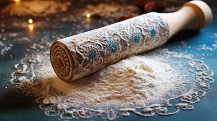 Fototapeta na wymiar Scattered flour and rolling pin on gray background