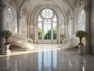 High-Resolution Photo Realistic White Room Classical and Elegant with Gorgeous Glass Chandelier