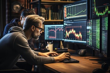 Fototapeta na wymiar crypto traders discussing trading charts research reports growth looking at monitor analyzing strategy, financial risks concept. Trading concept.Trading. Space for a copy. Made With Generative AI.