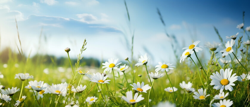a serene and picturesque landscape featuring a meadow full of blooming chamomile and blue wild peas © Debi Kurnia Putra