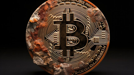 Bitcoin coin on gemstone crystal geode on black background.