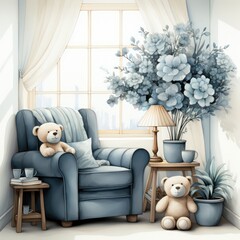 Baby Nursery Comfort Light Blue Tones with Watercolor Illustration