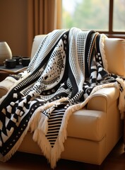 Black and white blanket on a sofa in a cozy room illustration made with Generative AI