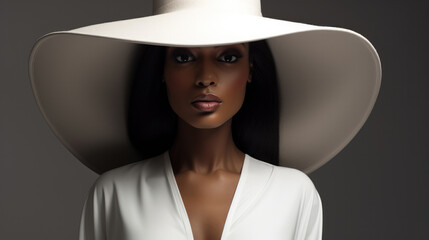 Young African American woman with black curly hair in the white hat with a wide brim covering her face. Black strong girl on dark background, front view. - Powered by Adobe