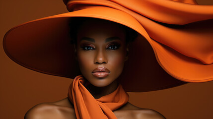 Young African American woman with black curly hair in the orange hat with wide brim covering her face. Black strong girl on yellow background, front view.