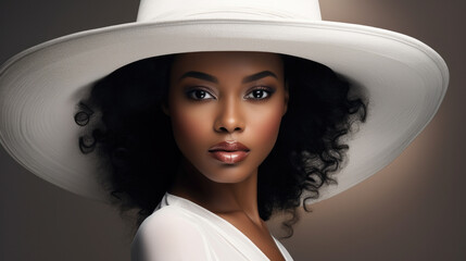 Young African American woman with black curly hair in the white hat with a wide brim covering her face. Black strong girl on dark background, front view.