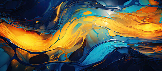 Orange and blue paint on a black background, in the style of flowing forms, ethereal illustrations - AI Generated