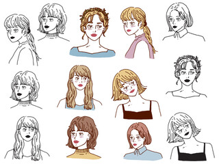 白黒、モノトーン、線画のイラスト(手書き、オシャレ、雑誌、ファッション、可愛い、女の子、人物) Illustrations in black and white, monotone, and line drawings.Handwriting, fashion, magazines, fashion, cute, girls and people.