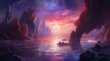 Fototapeta na wymiar Fantasy seascape. Seascape with clouds and sunset. 3D illustration