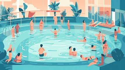 People relaxing in swimming pool. Cartoon people relaxing in swimming pool at spa center.