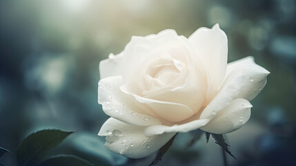 Beautiful white rose on a light background. Soft focus. Copy space. - obrazy, fototapety, plakaty