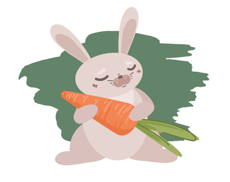 Cute vector bunny holding large bright orange carrot with fresh tops. Happy rabbit with big vegetable in small paws. Funny animal sign. Cartoon style decorative kids print layout. Creative spring card