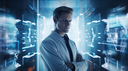 Fototapeta premium businessman surrounded by tech