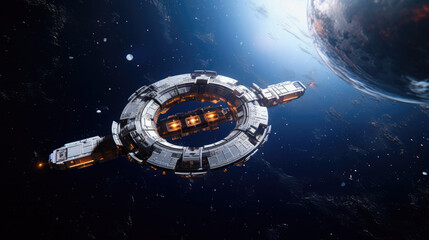space station lit by a bright star (3d science fiction illustration)