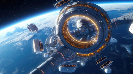 space station lit by a bright star (3d science fiction illustration)