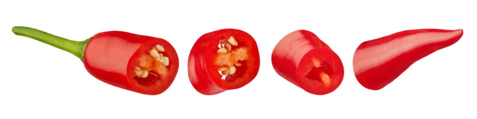 Foto auf Acrylglas Scharfe Chili-pfeffer Red chili pepper on a white isolated background. Pepper cut into slices on a white background close-up. Isolate of different parts of hot pepper. High quality photo.