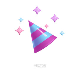 Striped cone hat with stars near, birthday festive celebration headdress accessory. Realistic 3d icon vector