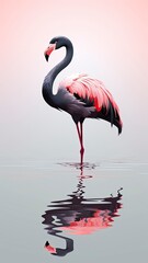 Colorful illustration of a pink flamingo dirt with oil standing in water. Cream background. Studio light. Generative Ai.