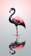 Fototapeta premium Colorful illustration of a pink flamingo dirt with oil standing in water. Cream background. Studio light. Generative Ai.
