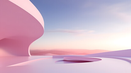 3d rendering and illustration and cruved wall, architecture, white, pink, blue sky, modern, trendy, new