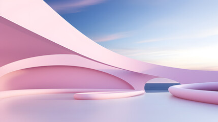 3d rendering and illustration and cruved wall, architecture, white, pink, blue sky, modern, trendy, new