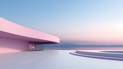 3d rendering and illustration and cruved wall, architecture, white, pink, blue sky, modern, trendy, new