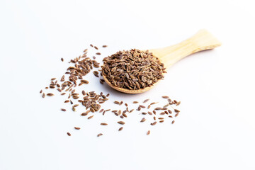 Dill, European Dill ,American Dill (Anethum graveolens  L.) in wooden spoon. Dried herb seeds isolated in white background.