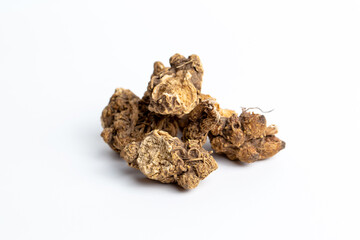 Atractylodes, Atractylis (Atractylodes lancea) dried herb ingredient isolated in white background.