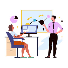 A man presenting sales chart to other emplyee. Businessman and businesswoman working together at office. Flat vector illustration.