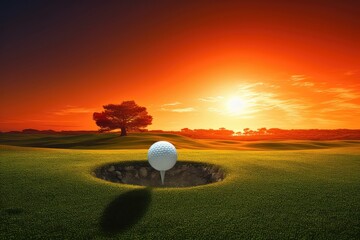 Golf Ball Near Hole at Sunset. Photo generative AI