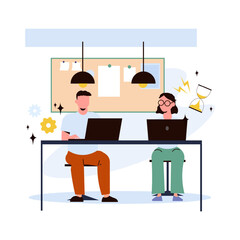 Man and woman working at the computer. Vector illustration in flat style