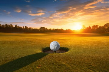 Golf Ball Near Hole at Sunset. Photo generative AI