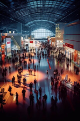 Vibrant Atmosphere in a Massive Exhibition Hall with Numerous Visitors and Stands - AI generated