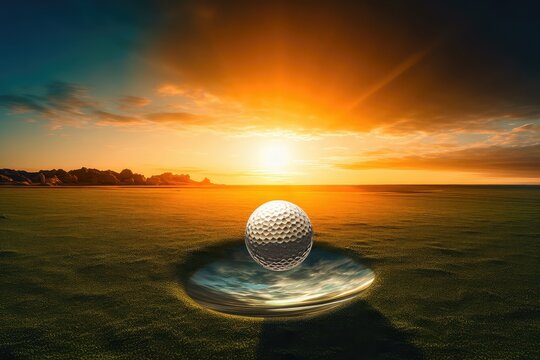 Golf Ball Near Hole at Sunset. Photo generative AI