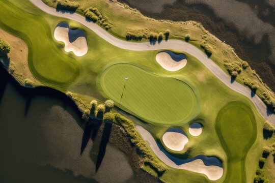 Aerial Drone View of Golfers Putting on Moen Island. Photo generative AI