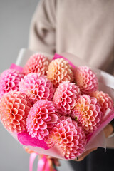 Mono bouquet of pink dahlias. Beautiful bouquet of flowers in womans hands. the work of the florist at a flower shop. Handsome fresh bouquet. Flowers delivery