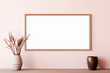 Mockup of an empty horizontal frame in a modern minimalist interior with a trendy plant in a vase against a beige wall background.