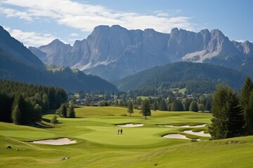 Fototapeta na wymiar Golf course at the foot of the mountains. Photo generative AI