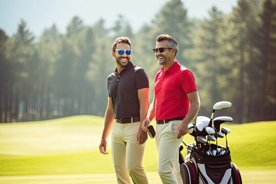 Male golfers playing, chatting, smiling on sunny day. Photo generative AI
