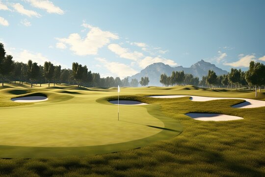 View of a golf course's rolling landscapes and sand traps.. Photo generative AI
