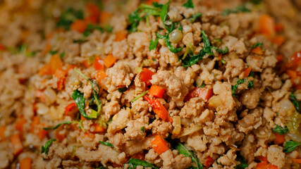 Thai food, stir-fried basil with pork and fried egg Thai popular food Spicy food, traditional Thai food concept.