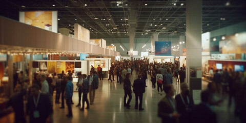 Obraz premium Vibrant Atmosphere in a Massive Exhibition Hall with Numerous Visitors and Stands - AI generated