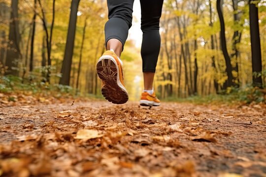 Jogging workout in an autumn forest. Female feet during a running workout in the autumn park.